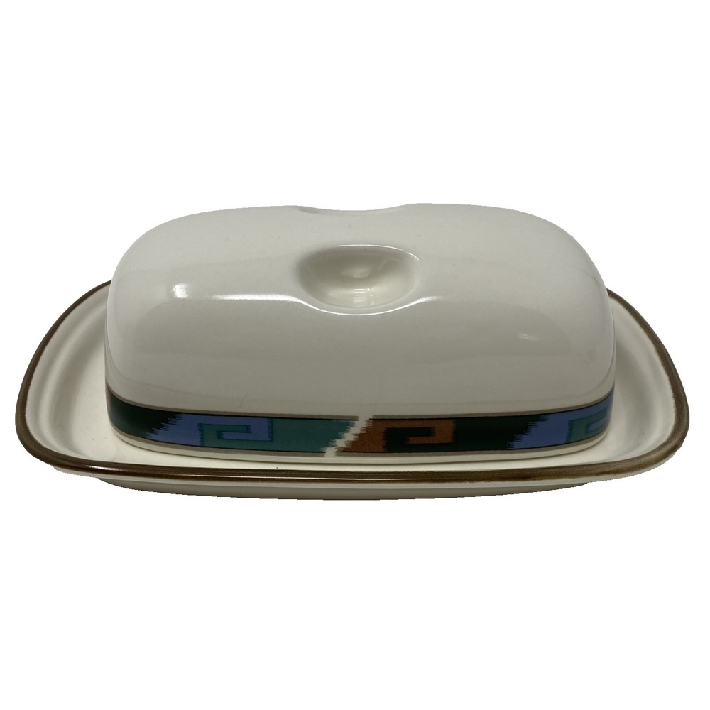 Mikasa Butter Dish with Lid Rare Aztec P3010 Mosatc Print 8x4" - Made in Japan